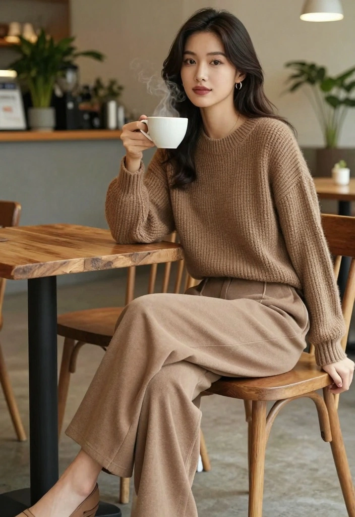 16 Winter Wide Leg Pants Outfit Ideas For Women - 2. Earthy Tones with a Cozy Knit Sweater 1