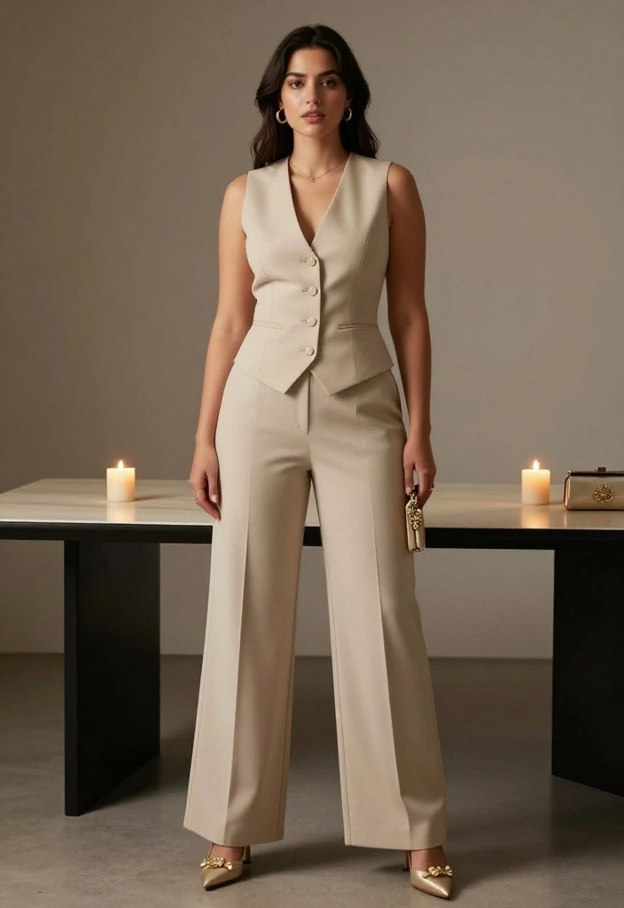 12 Beige Vest Outfit Ideas That Add Structure Without Bulk - 12. Effortless Evening: With Wide-Leg Trousers 1