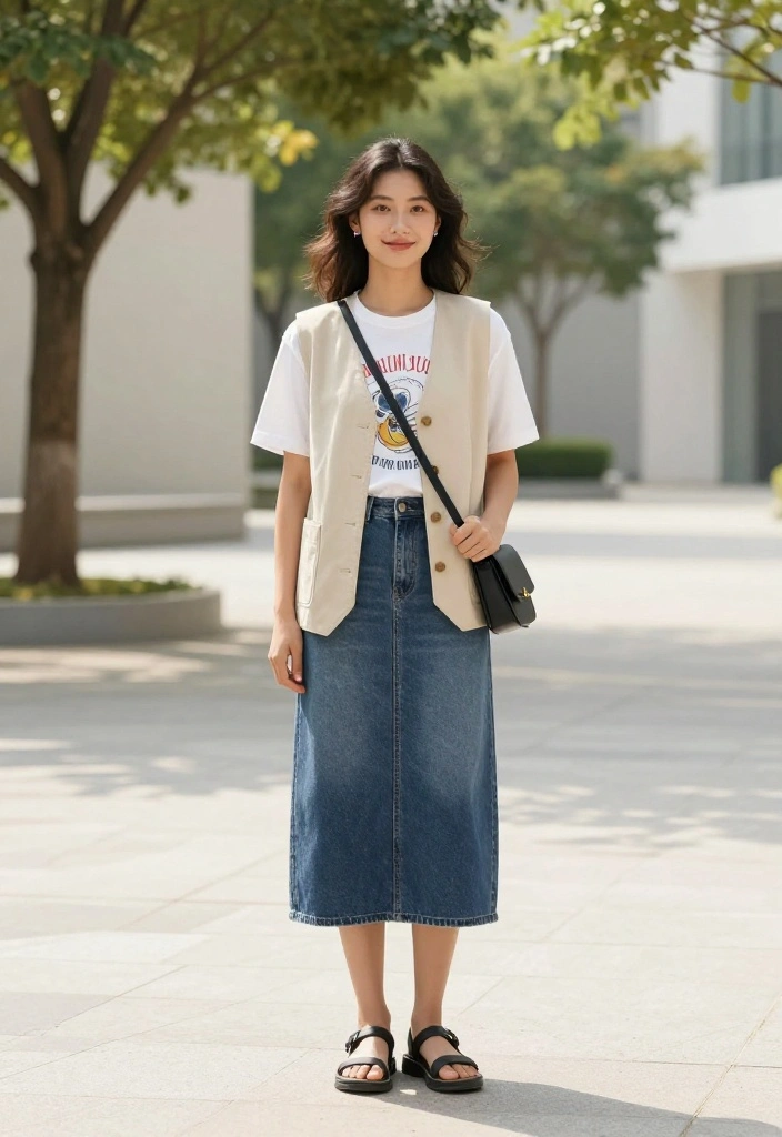 12 Beige Vest Outfit Ideas That Add Structure Without Bulk - 3. Weekend Vibes: With Denim Skirt 1