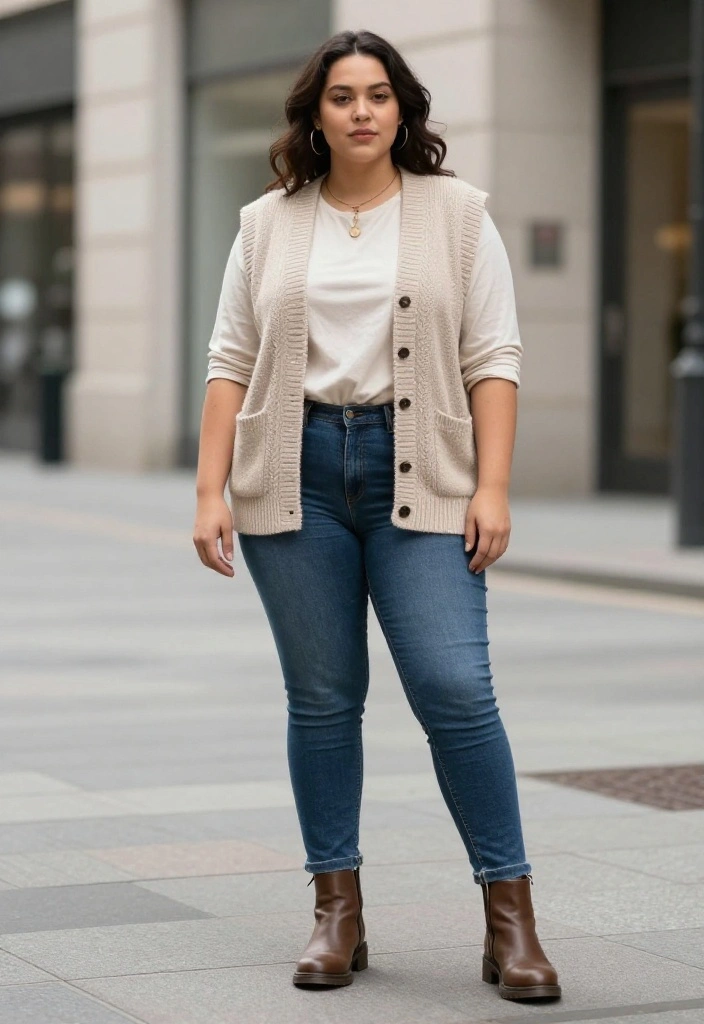 12 Beige Vest Outfit Ideas That Add Structure Without Bulk - 9. Textured Layers: Knit Vest Combo 1