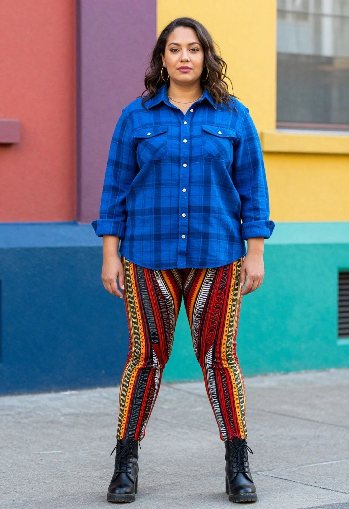 12 Blue Flannel Outfit Ideas for Women That Don't Look Lumberjack - 6. Bolder Patterns 1