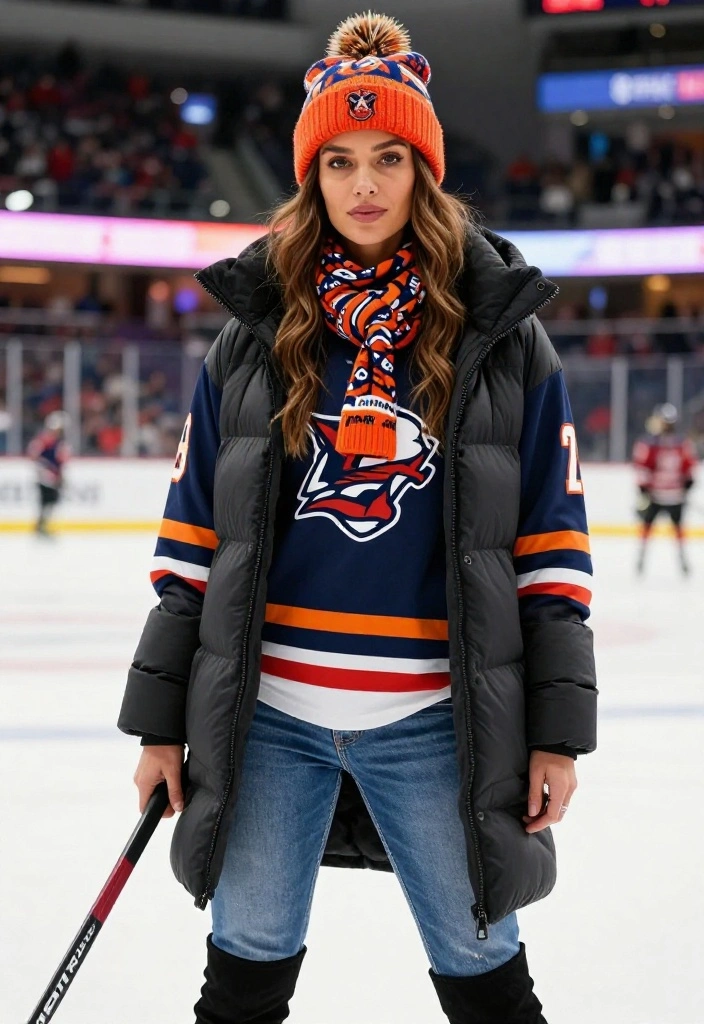 12 Hockey Game Outfit Ideas for Women That Keep You Warm - 1. Layered Team Colors 1