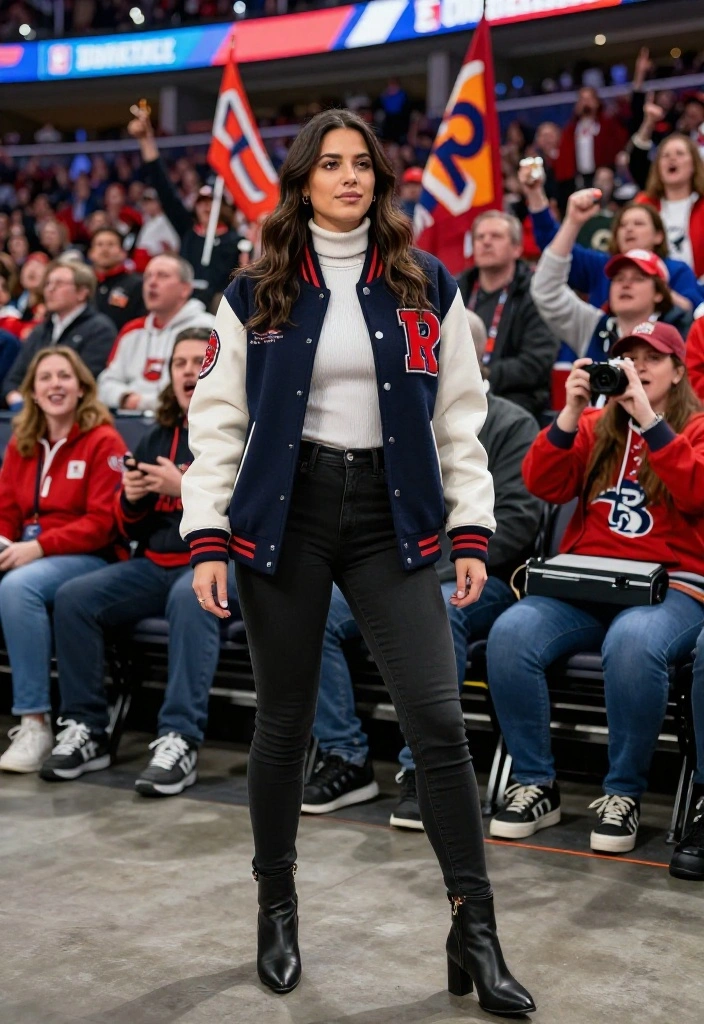 12 Hockey Game Outfit Ideas for Women That Keep You Warm - 10. Varsity Jacket with Chic Layers 1