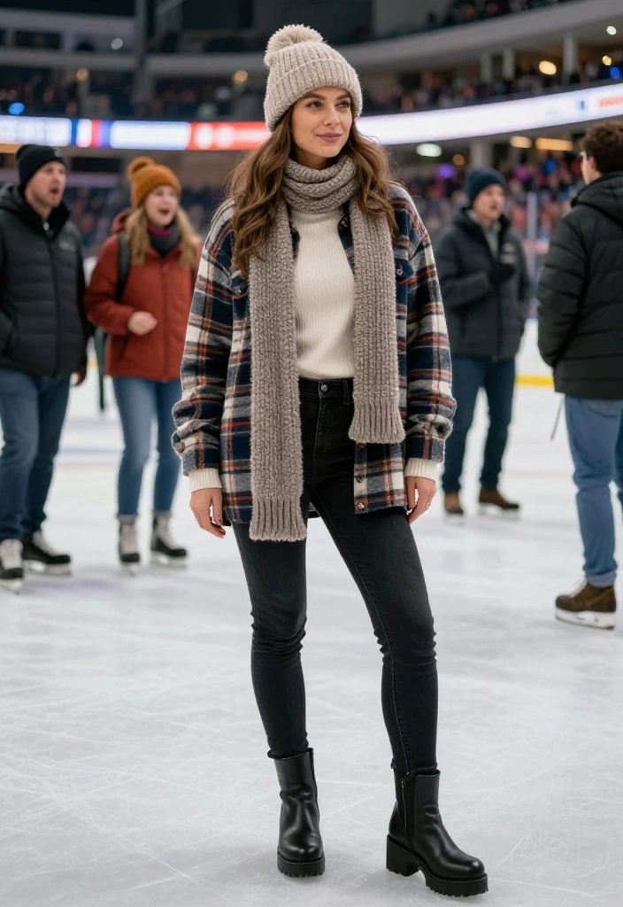 12 Hockey Game Outfit Ideas for Women That Keep You Warm - 4. Stylish Boots and Plaid 1