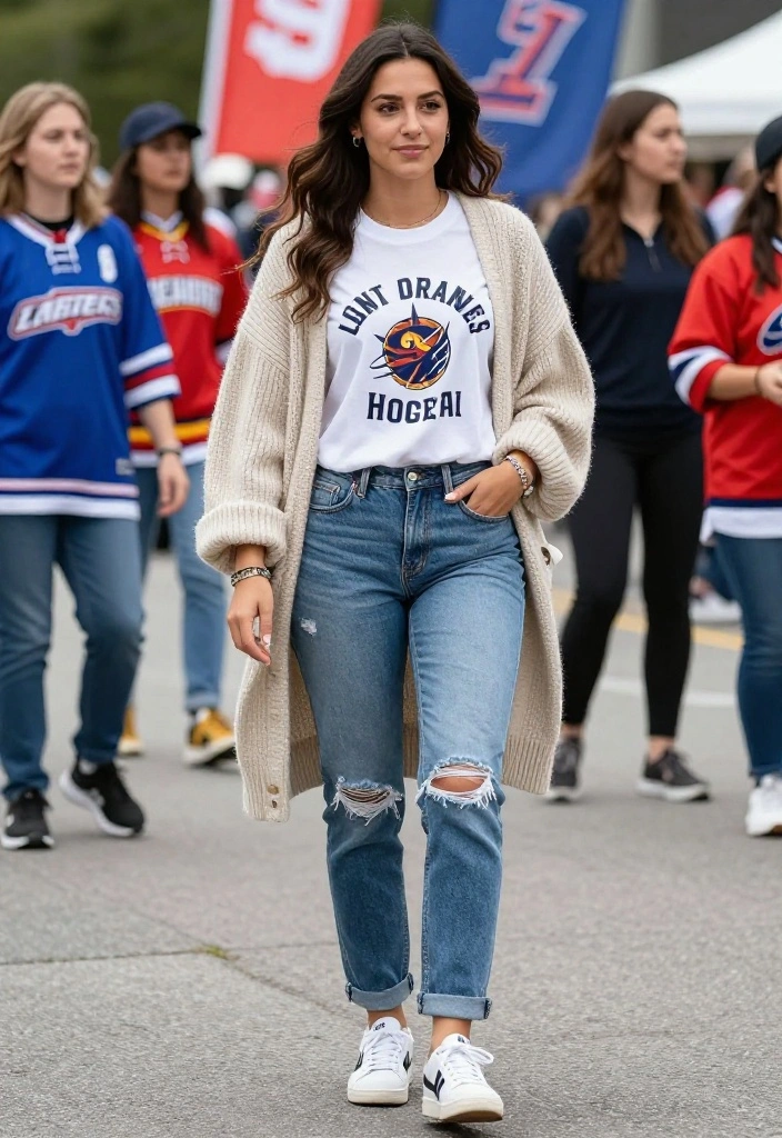 12 Hockey Game Outfit Ideas for Women That Keep You Warm - 5. Graphic Tees and Oversized Cardigans 1