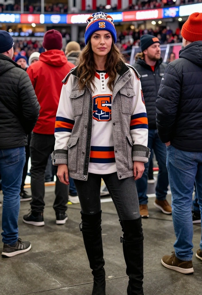 12 Hockey Game Outfit Ideas for Women That Keep You Warm - 6. Color Blocked Henley and Utility Jacket 1
