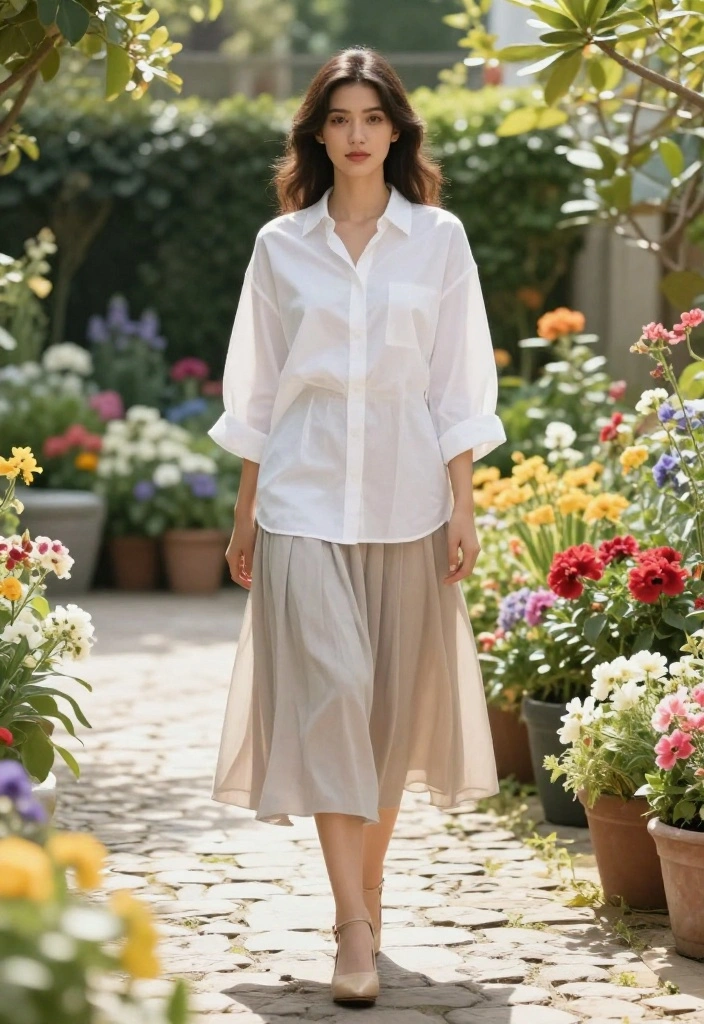 12 Oversized White Shirt Outfit Ideas for Women That Keep Their Shape All Day - 2. Chic Layering with a Midi Skirt 1