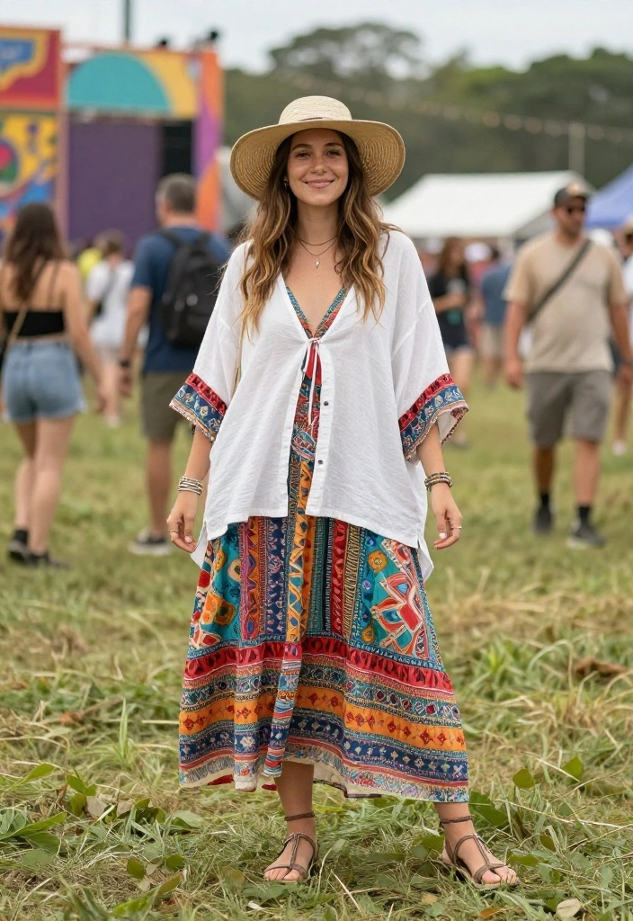 12 Oversized White Shirt Outfit Ideas for Women That Keep Their Shape All Day - 8. Boho Style with a Maxi Dress 1