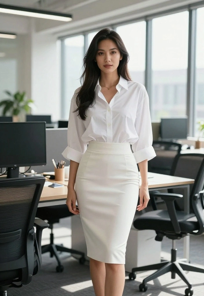 12 Oversized White Shirt Outfit Ideas for Women That Keep Their Shape All Day - 9. Effortless Office Wear with a Pencil Skirt 1