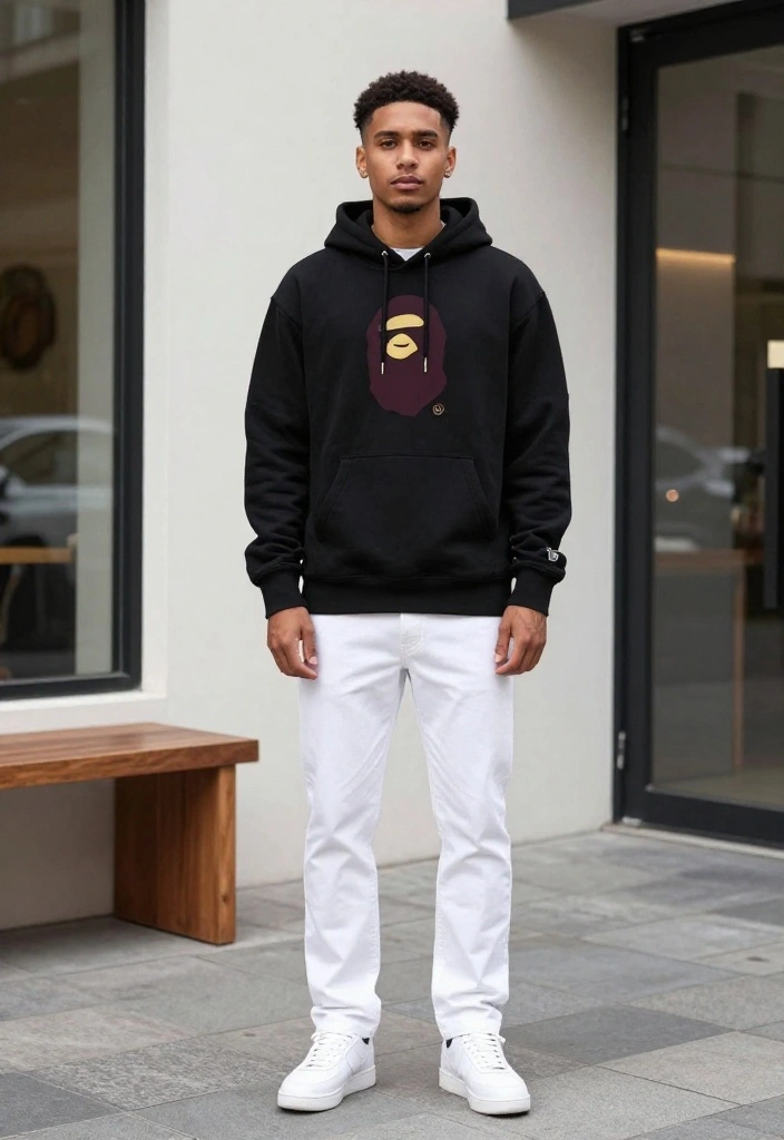 14 Bape Hoodie Outfit Ideas That Let the Print Pop - 11. Timeless Black and White Palette 1
