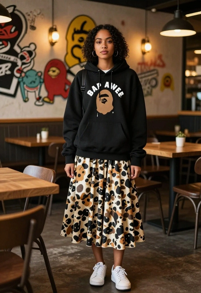 14 Bape Hoodie Outfit Ideas That Let the Print Pop - 12. Feminine Touch with a Bape Hoodie 1