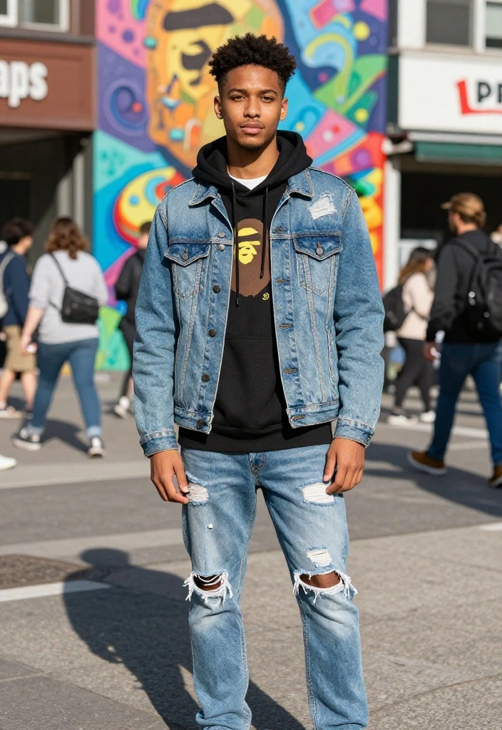 14 Bape Hoodie Outfit Ideas That Let the Print Pop - 5. Effortless Denim-on-Denim 1