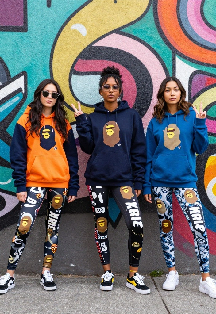 14 Bape Hoodie Outfit Ideas That Let the Print Pop - 7. Playful Prints with Graphic Leggings 1
