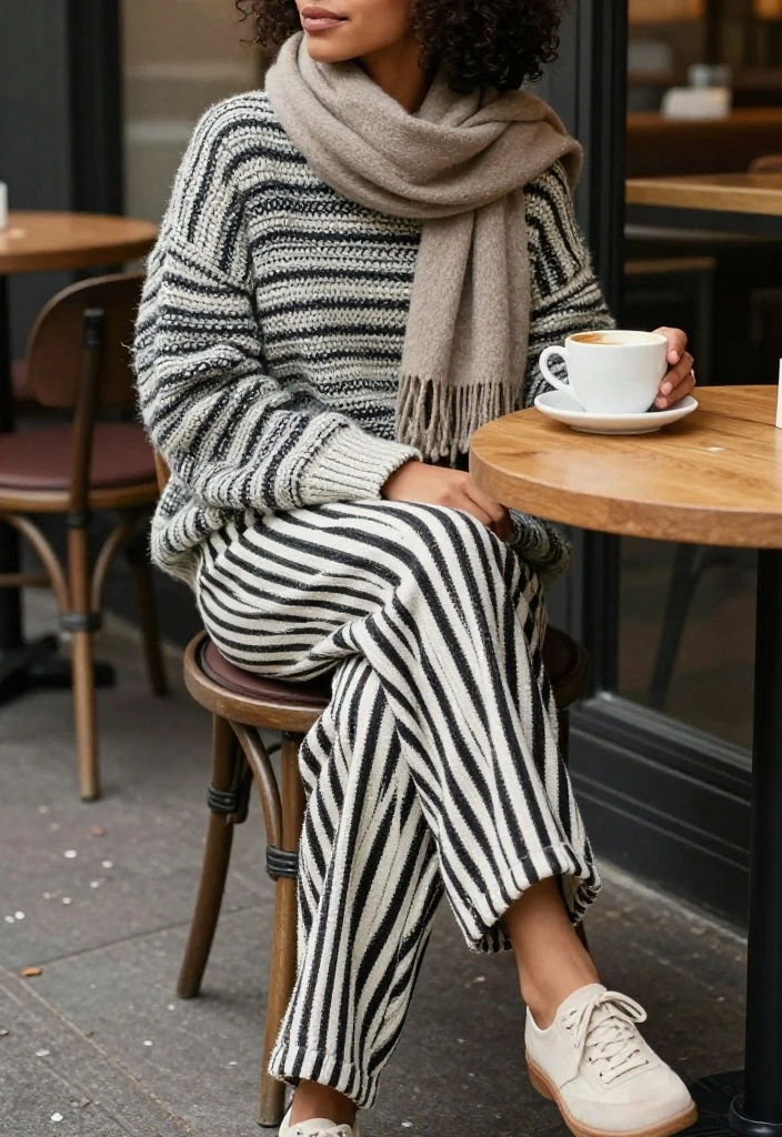 14 Black and White Striped Pants Outfit Ideas for Women That Balance Proportions - 10. Cozy with a Sweater 1