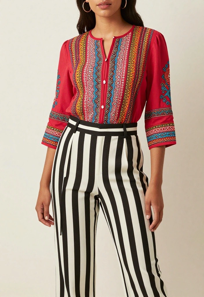 14 Black and White Striped Pants Outfit Ideas for Women That Balance Proportions - 3. Striped Pants with a Statement Top 1