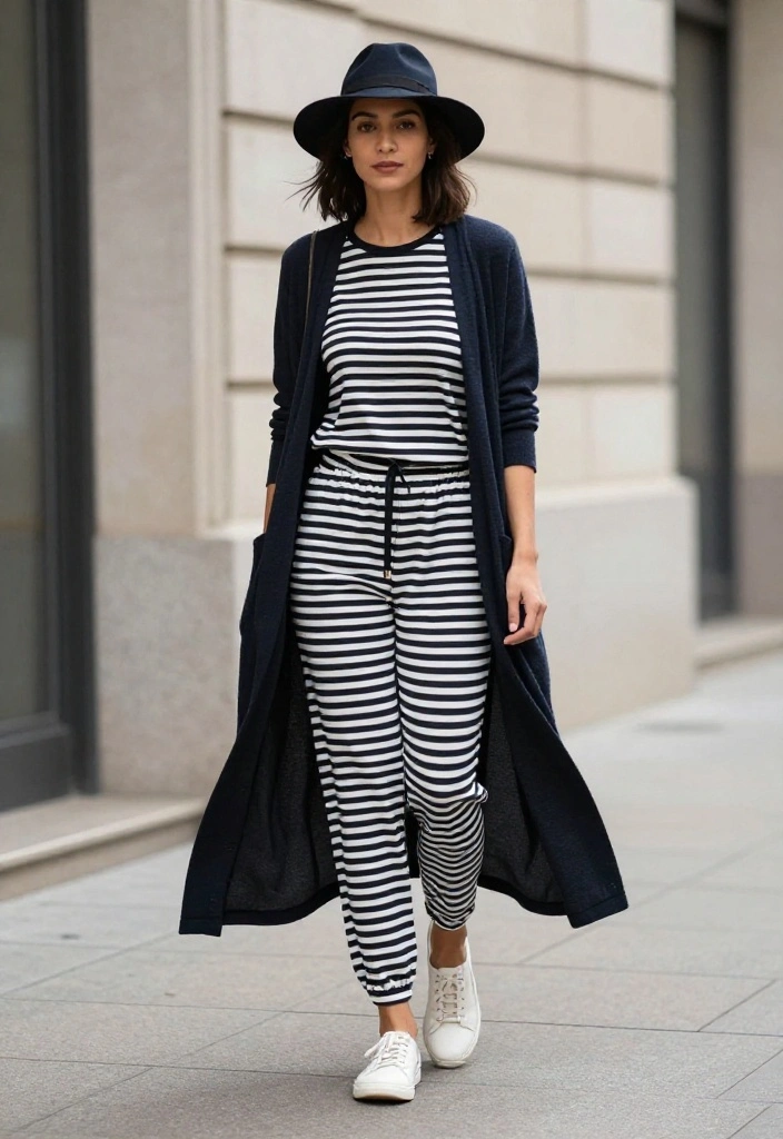 14 Black and White Striped Pants Outfit Ideas for Women That Balance Proportions - 4. Layering with a Long Cardigan 1