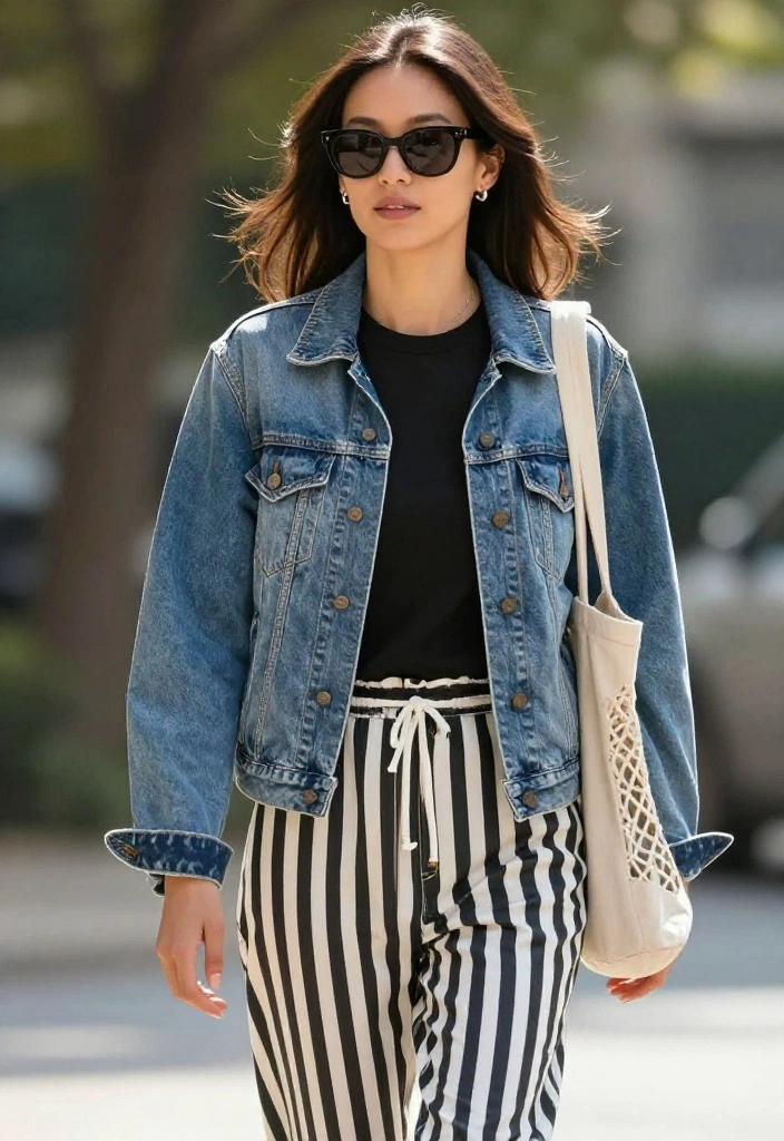 14 Black and White Striped Pants Outfit Ideas for Women That Balance Proportions - 7. Weekend Vibes with a Denim Jacket 1