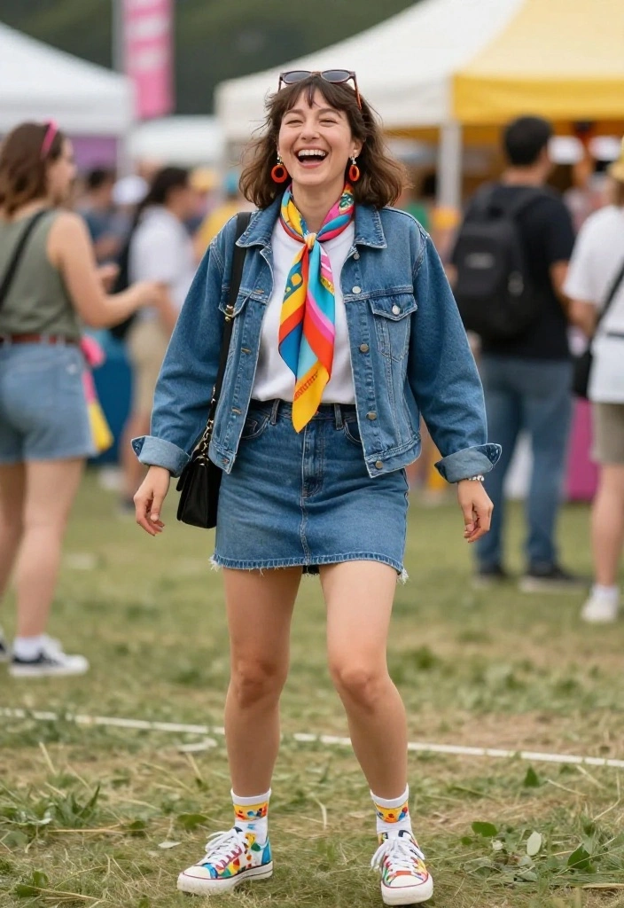 14 Denim Mini Skirt Outfits for Women Over 30 - 12. Playful with Denim on Denim 1