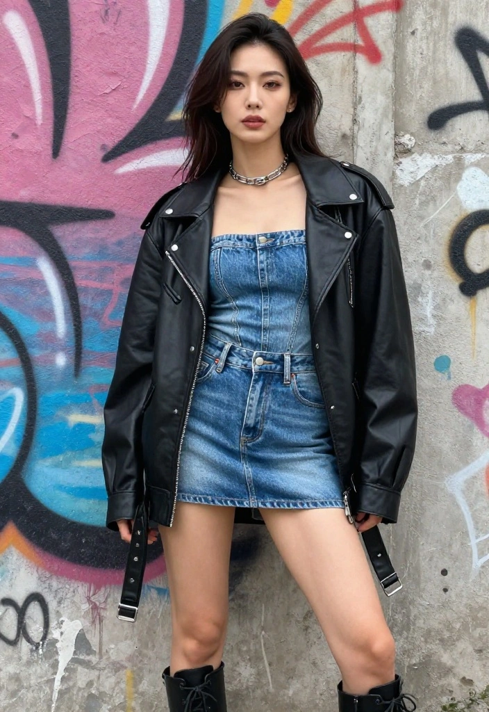 14 Denim Mini Skirt Outfits for Women Over 30 - 4. Edgy Vibes with a Leather Jacket 1