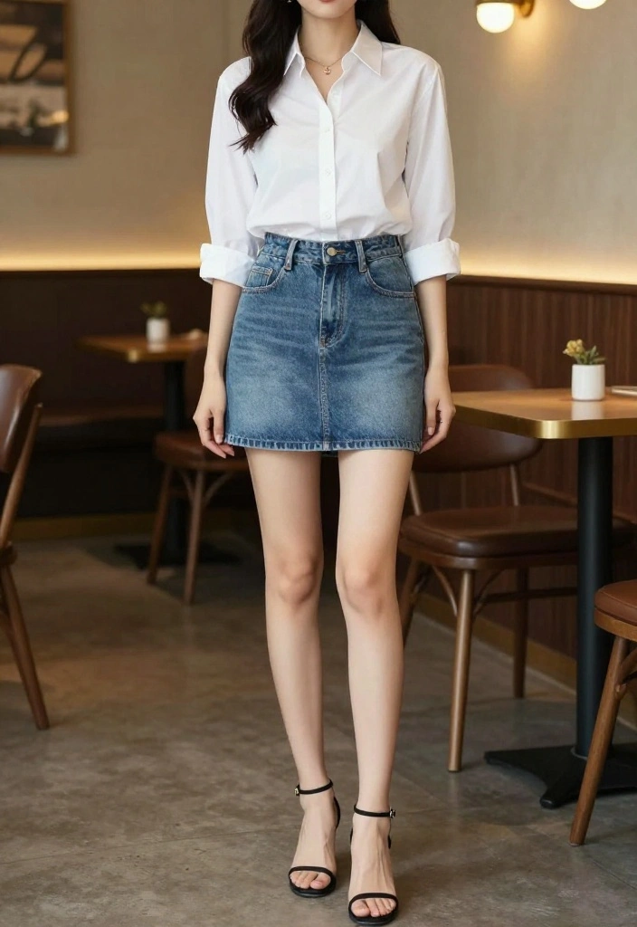 14 Denim Mini Skirt Outfits for Women Over 30 - 5. Classic White Shirt Elegance 1