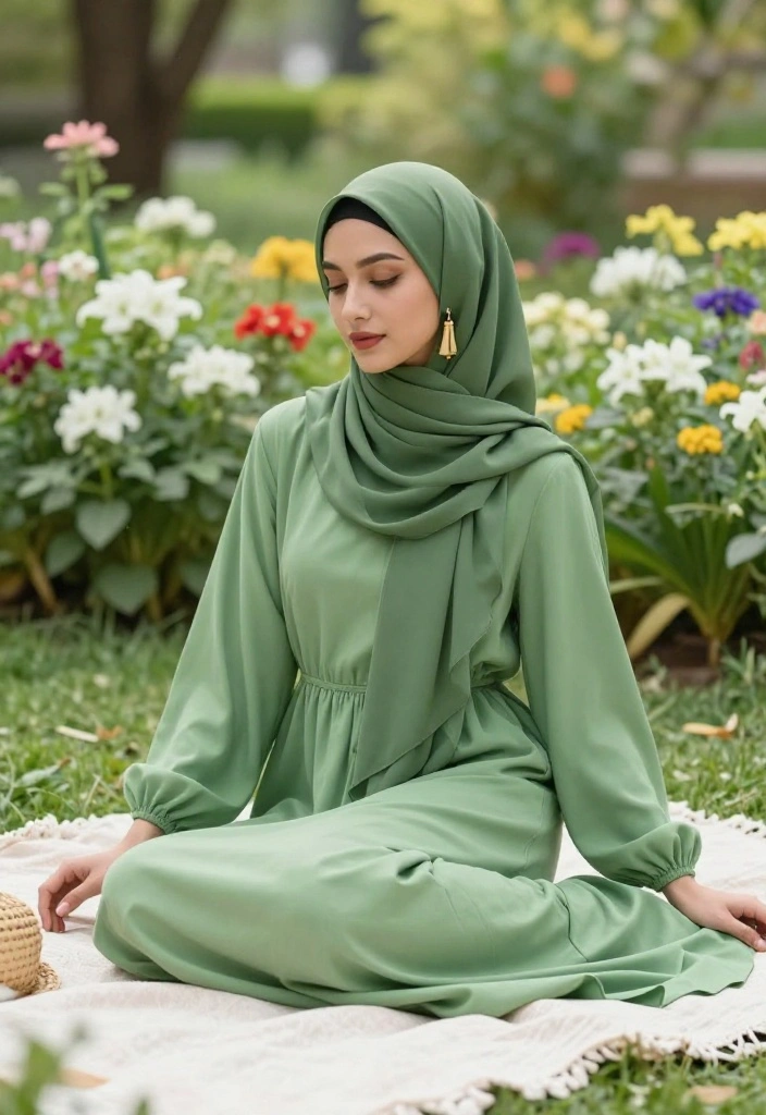 14 Green Hijab Outfit Inspirations for Women You Can Wear Year-Round - 1. Effortless Green Maxi Dress 1