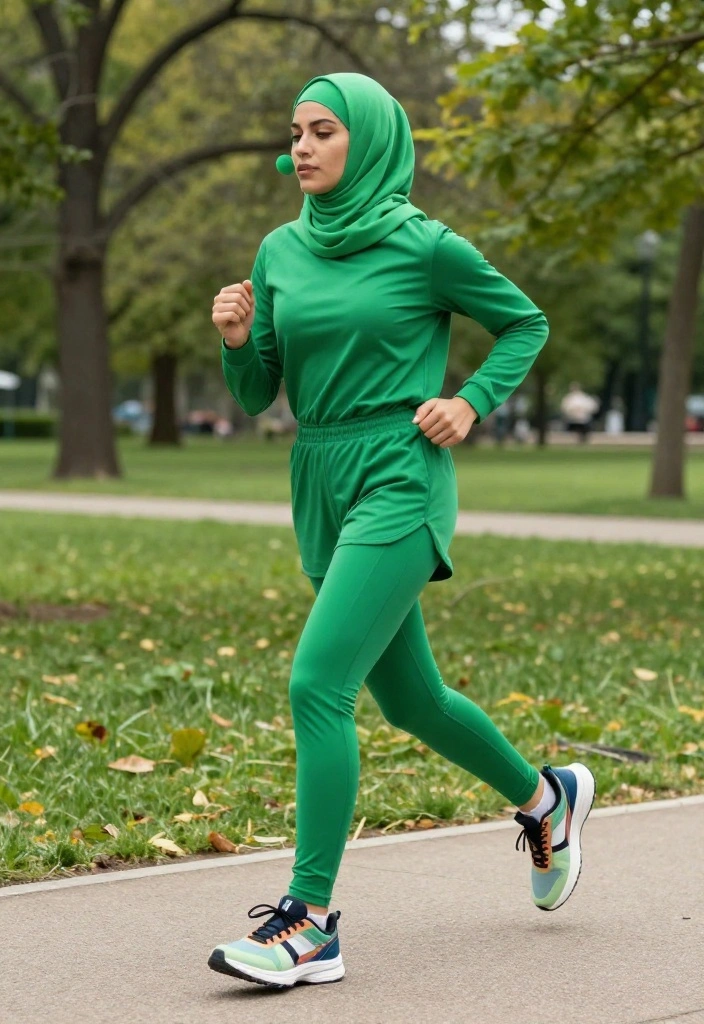14 Green Hijab Outfit Inspirations for Women You Can Wear Year-Round - 10. Bold Green Sporty Look 1