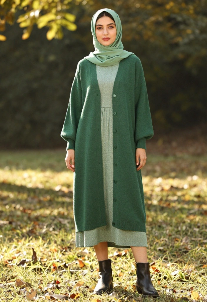 14 Green Hijab Outfit Inspirations for Women You Can Wear Year-Round - 11. Green Cardigan Over a Simple Dress 1