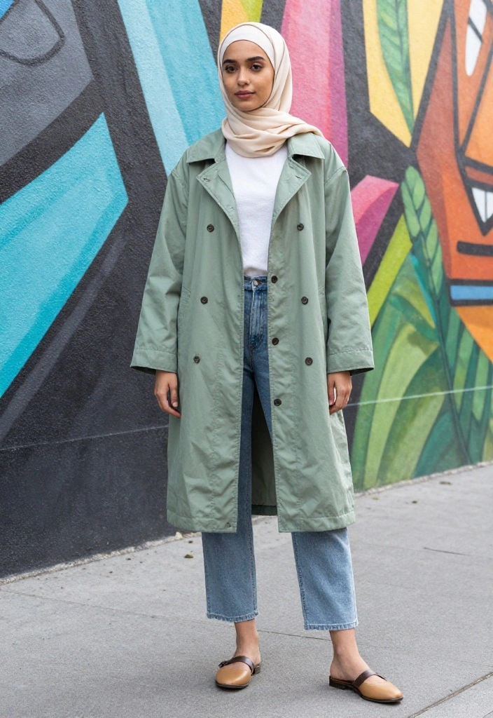 14 Green Hijab Outfit Inspirations for Women You Can Wear Year-Round - 13. Soft Green Duster Jacket with Casuals 1