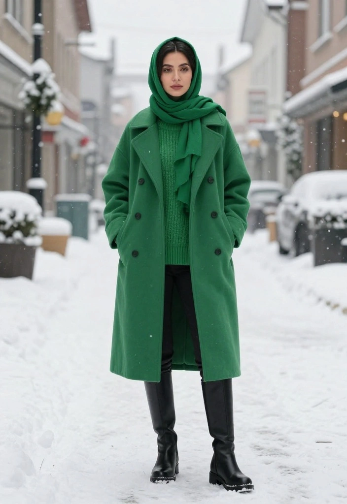 14 Green Hijab Outfit Inspirations for Women You Can Wear Year-Round - 14. Green Layered Look for Winter 1