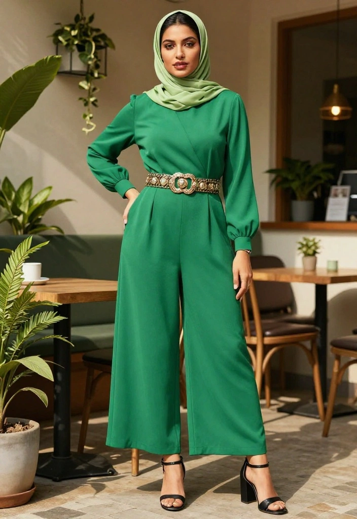 14 Green Hijab Outfit Inspirations for Women You Can Wear Year-Round - 2. Chic Green Jumpsuit 1