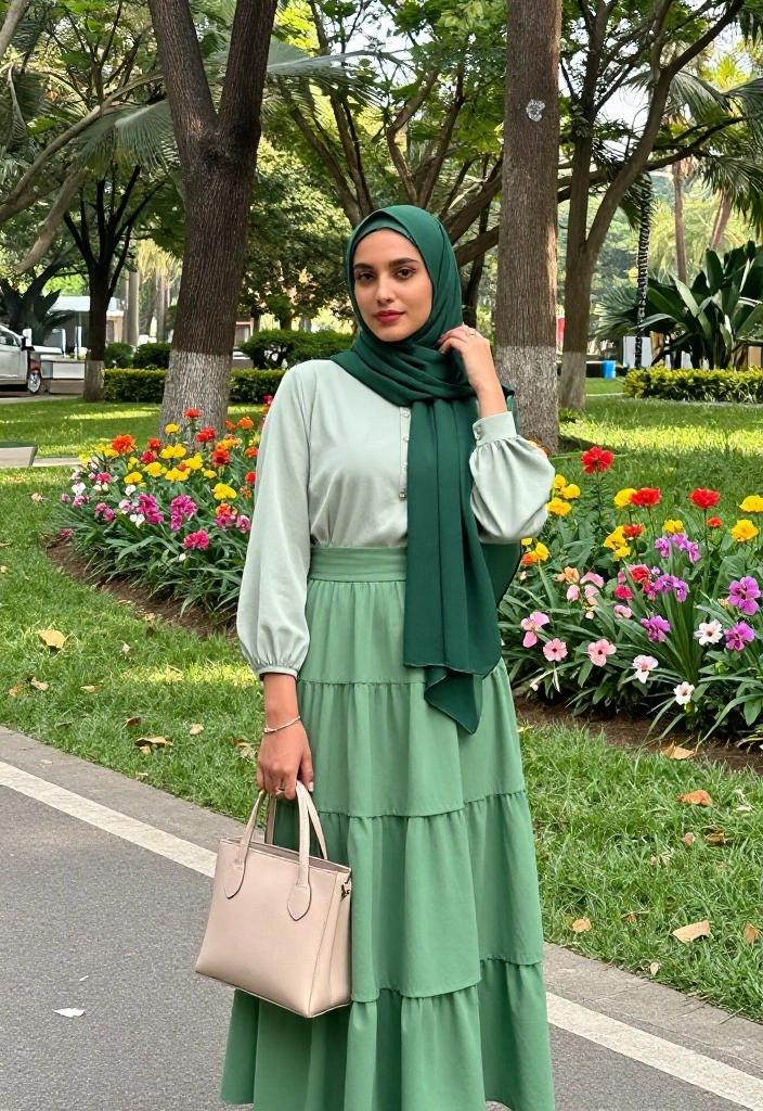 14 Green Hijab Outfit Inspirations for Women You Can Wear Year-Round - 3. Layered Green Skirt and Top Ensemble 1