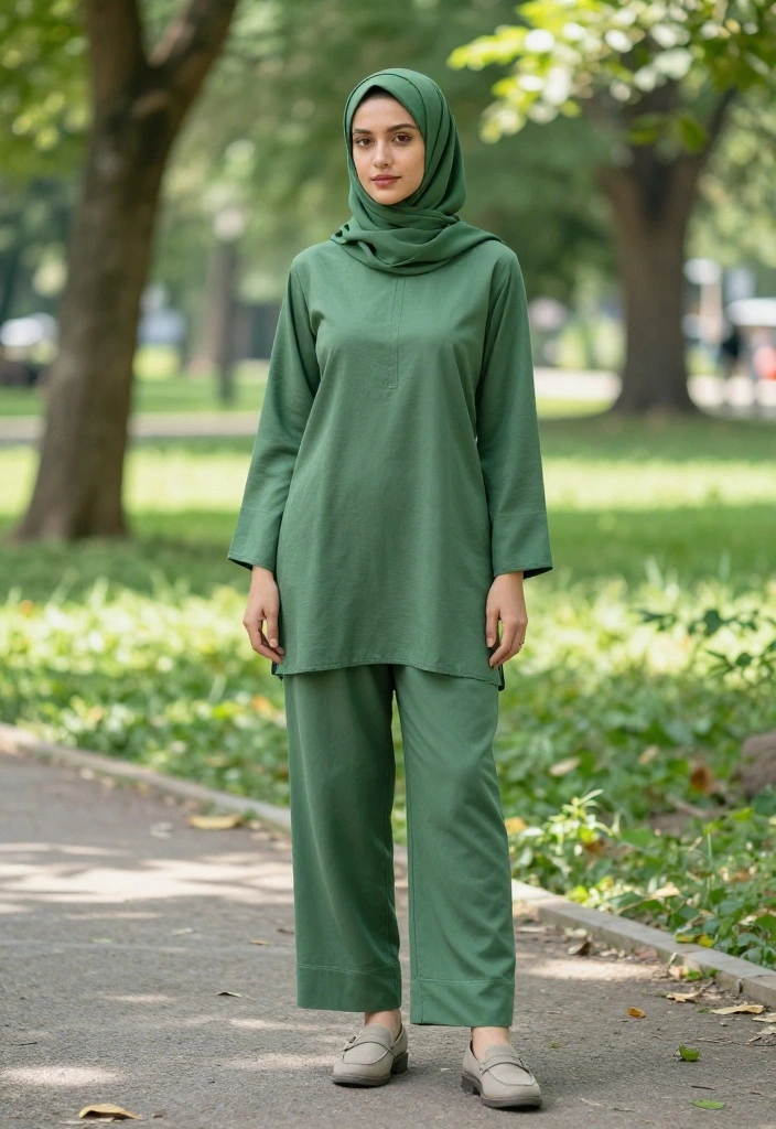 14 Green Hijab Outfit Inspirations for Women You Can Wear Year-Round - 4. Stylish Green Tunic with Straight Pants 1