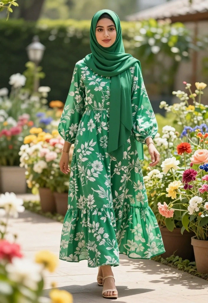 14 Green Hijab Outfit Inspirations for Women You Can Wear Year-Round - 5. Green Floral Print Dress 1