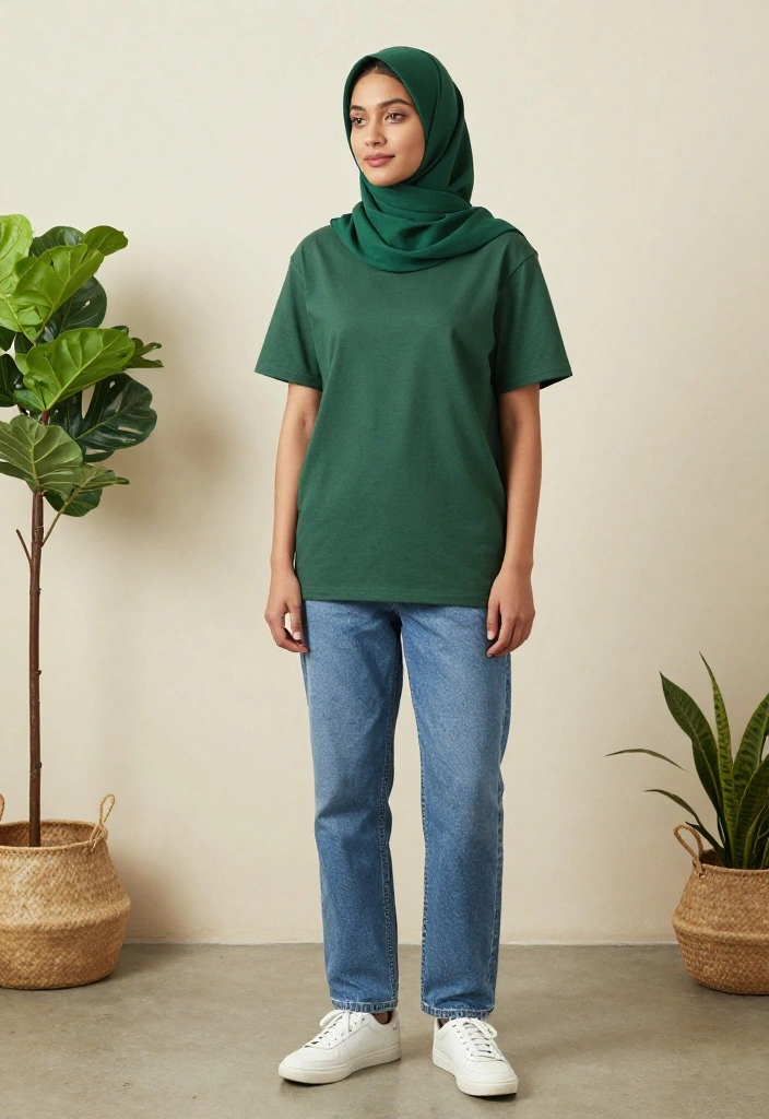 14 Green Hijab Outfit Inspirations for Women You Can Wear Year-Round - 6. Casual Green T-shirt and Jeans 1