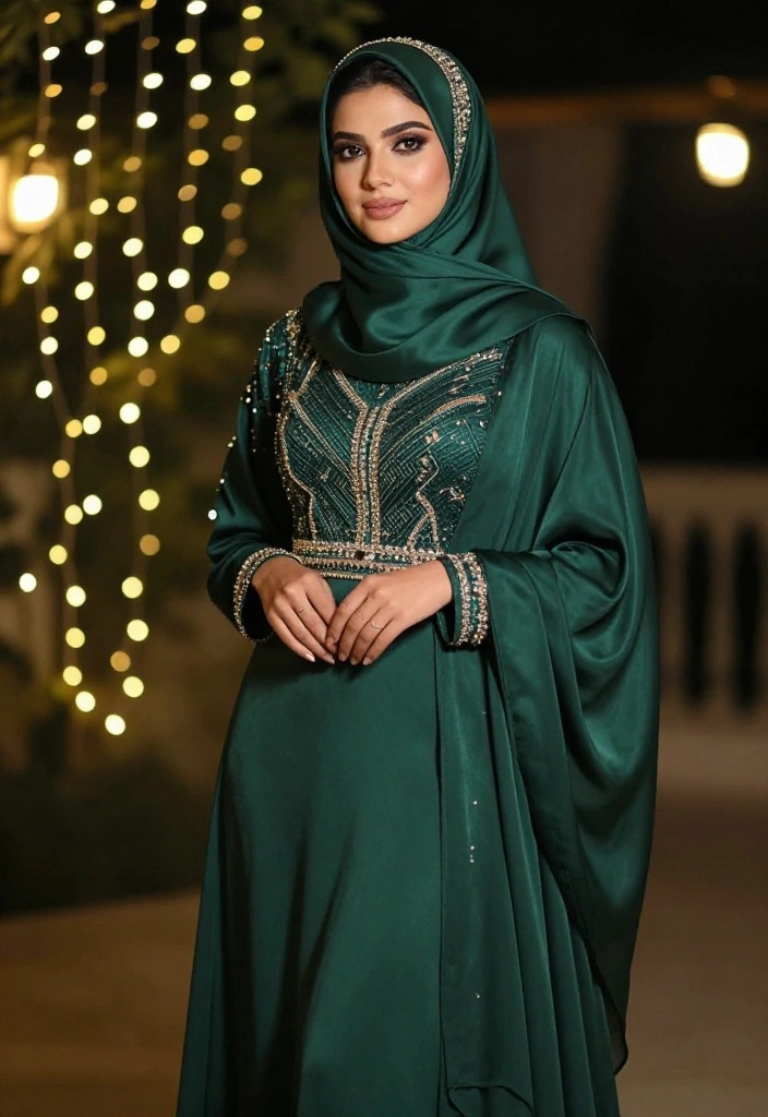 14 Green Hijab Outfit Inspirations for Women You Can Wear Year-Round - 7. Elegant Green Evening Gown 1