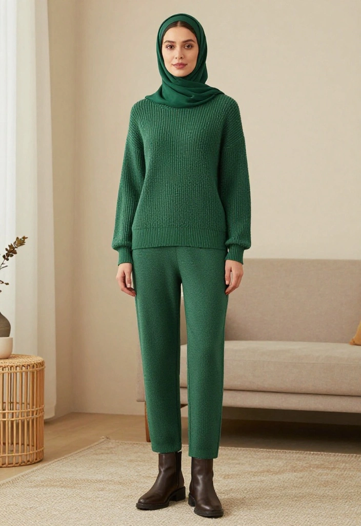 14 Green Hijab Outfit Inspirations for Women You Can Wear Year-Round - 9. Cozy Green Sweater with Trousers 1