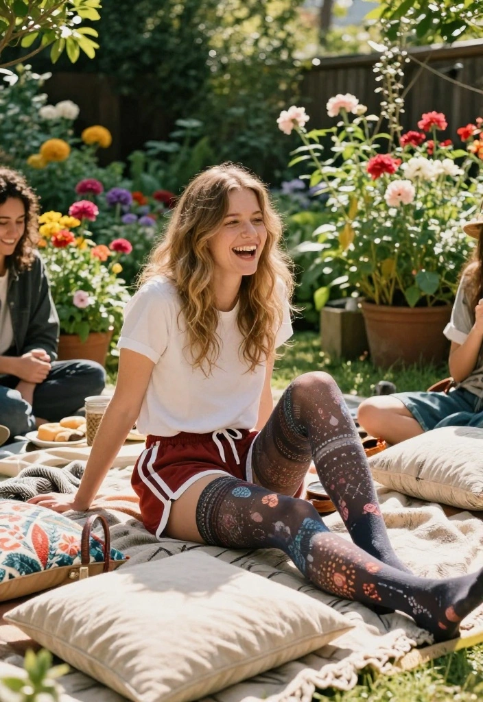 14 Shorts and Tights Outfit Ideas for Women That Bridge Seasons - 10. Comfy Jersey Shorts with Fun Patterned Tights 1