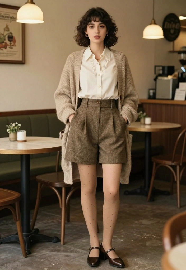 14 Shorts and Tights Outfit Ideas for Women That Bridge Seasons - 14. Vintage-Inspired Shorts with Tights 1