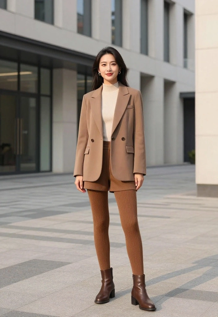 14 Shorts and Tights Outfit Ideas for Women That Bridge Seasons - 4. Tailored Shorts with Knit Leggings 1