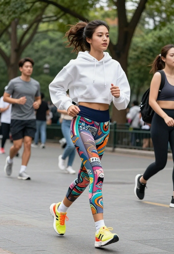 14 Shorts and Tights Outfit Ideas for Women That Bridge Seasons - 6. Sporty Shorts with Funky Printed Tights 1