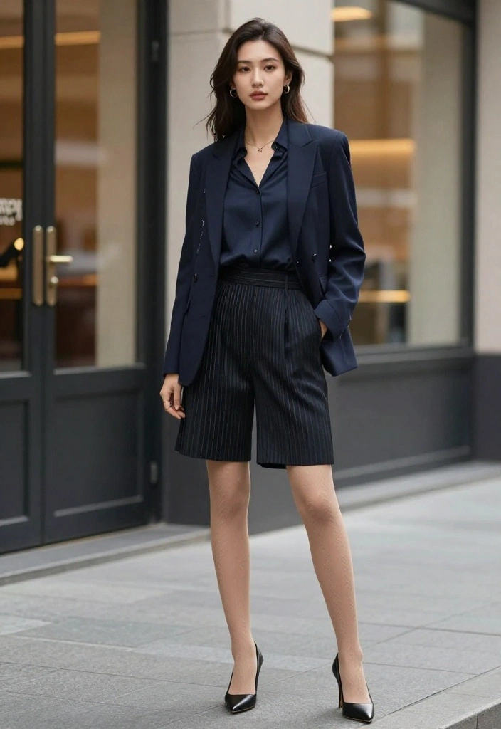 14 Shorts and Tights Outfit Ideas for Women That Bridge Seasons - 9. Pleated Shorts with Textured Tights 1