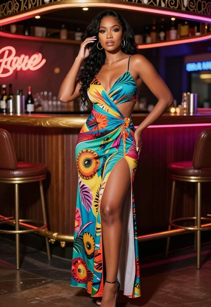 15 Baddie Bar Outfit Ideas That Turn Heads All Night - 9. Vibrant Maxi Dress with Slits 1