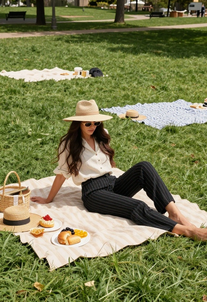 15 Black Striped Pants Outfit Ideas That Don't Look Office-Only - 11. Relaxed Picnic Look 1
