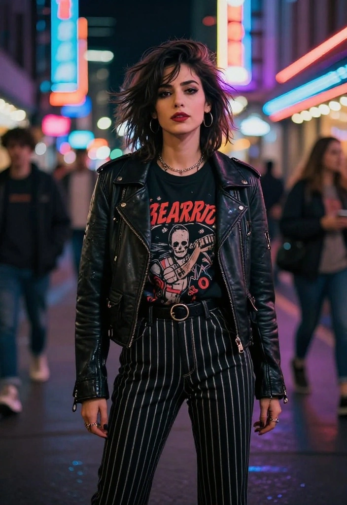 15 Black Striped Pants Outfit Ideas That Don't Look Office-Only - 13. Mixing Grunge with Glam 1