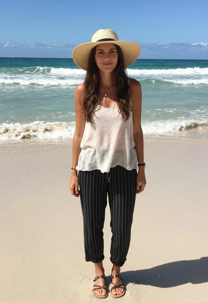 15 Black Striped Pants Outfit Ideas That Don't Look Office-Only - 6. Beachside Casual 1