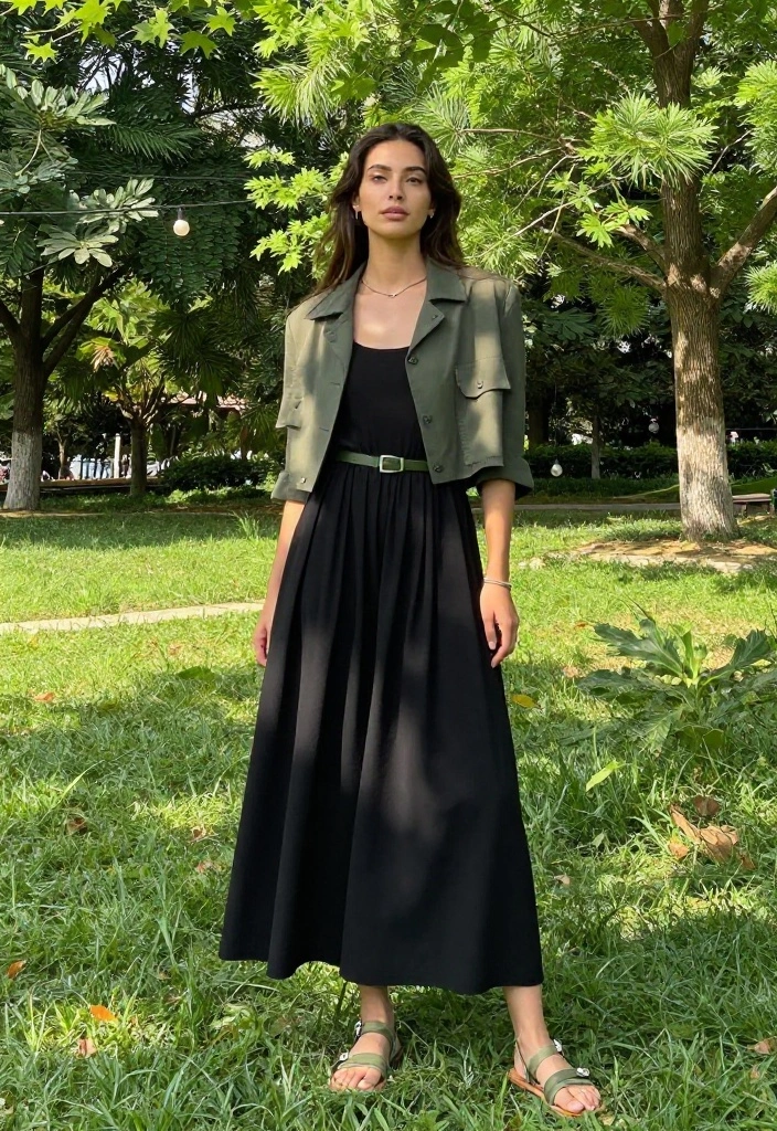 15 Black and Green Outfit Ideas That Don't Look Halloween - 1. Elegant Maxi Dress with a Black Jacket 1