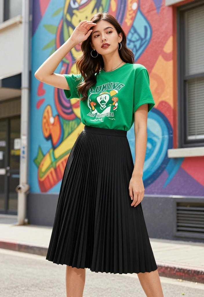 15 Black and Green Outfit Ideas That Don't Look Halloween - 12. Black Pleated Skirt with a Green Graphic Tee 1