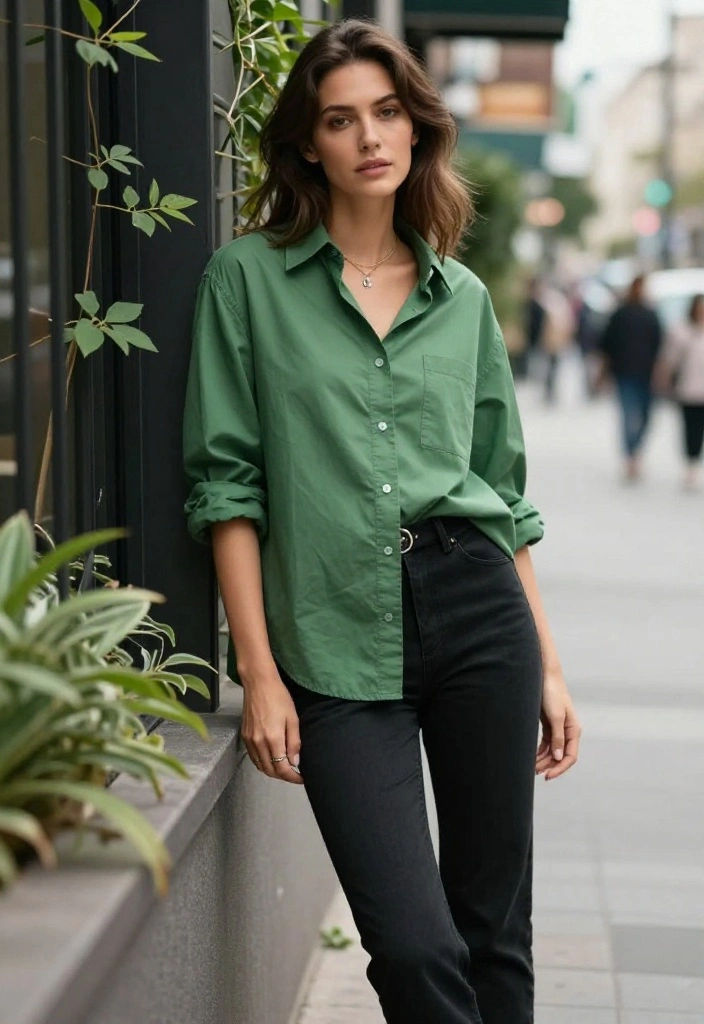 15 Black and Green Outfit Ideas That Don't Look Halloween - 13. Black Cropped Pants with a Green Oversized Shirt 1