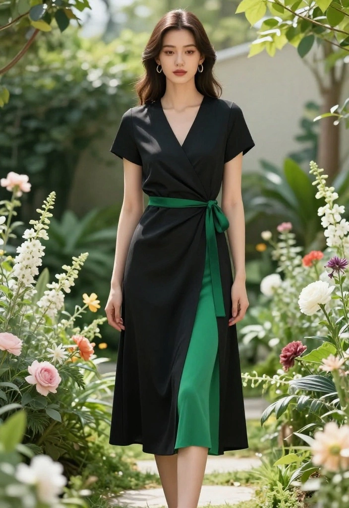 15 Black and Green Outfit Ideas That Don't Look Halloween - 14. Black Wrap Dress with Green Accents 1