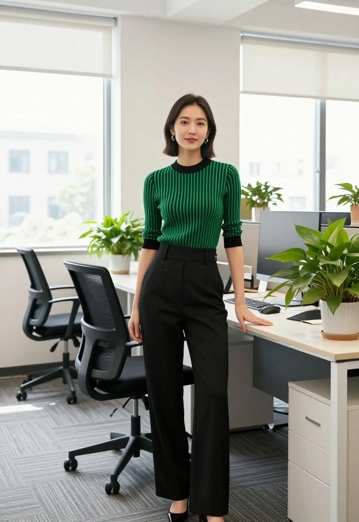 15 Black and Green Outfit Ideas That Don't Look Halloween - 15. Black and Green Striped Top with High-Waisted Pants 1